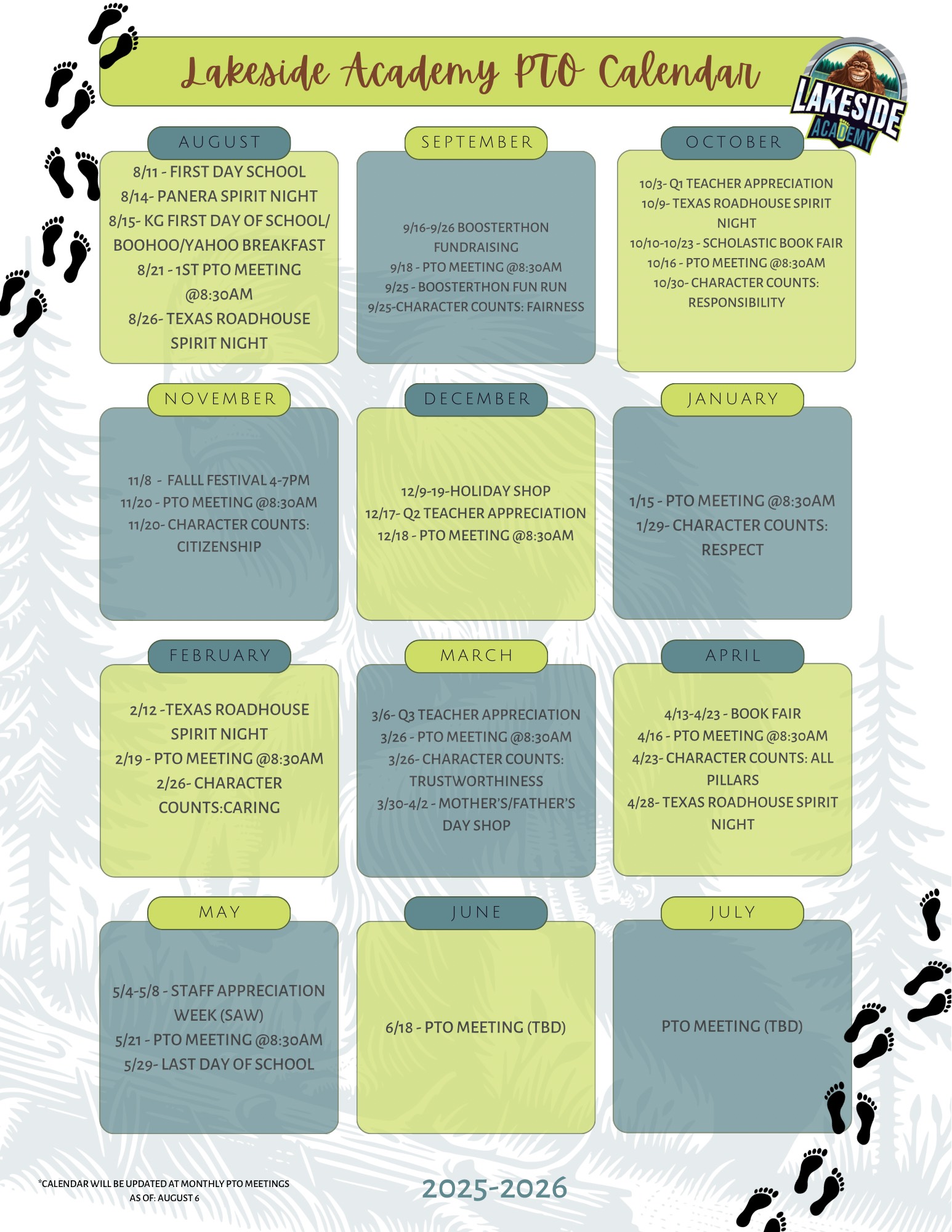 Lakeside Academy PTO Calendar 2025 -2026