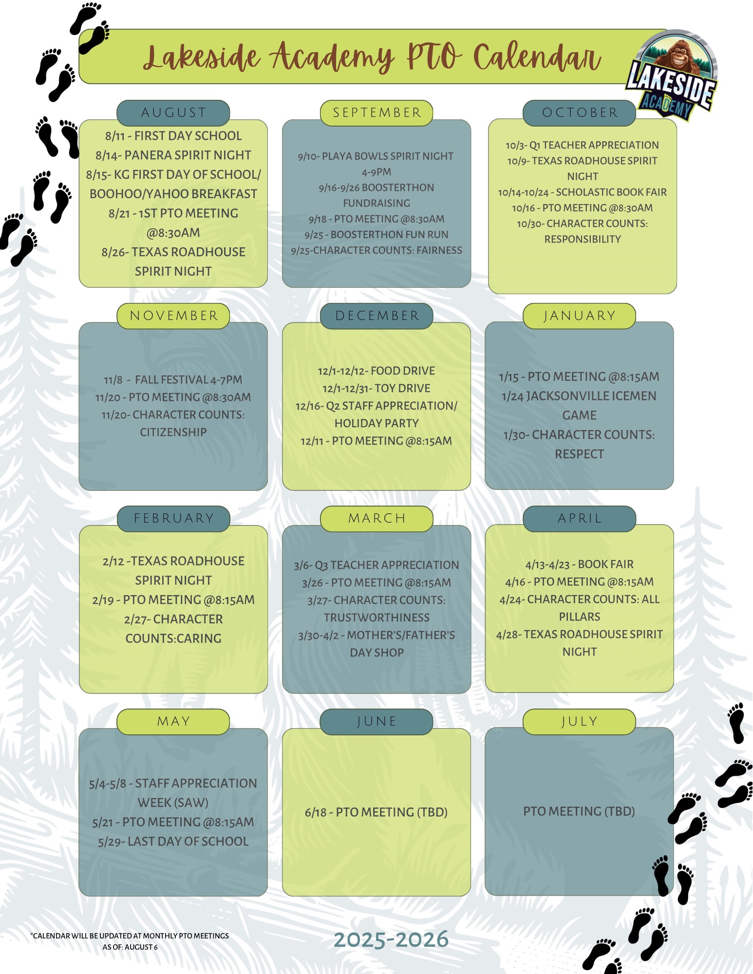 Lakeside Academy PTO Calendar 2025 - 2026