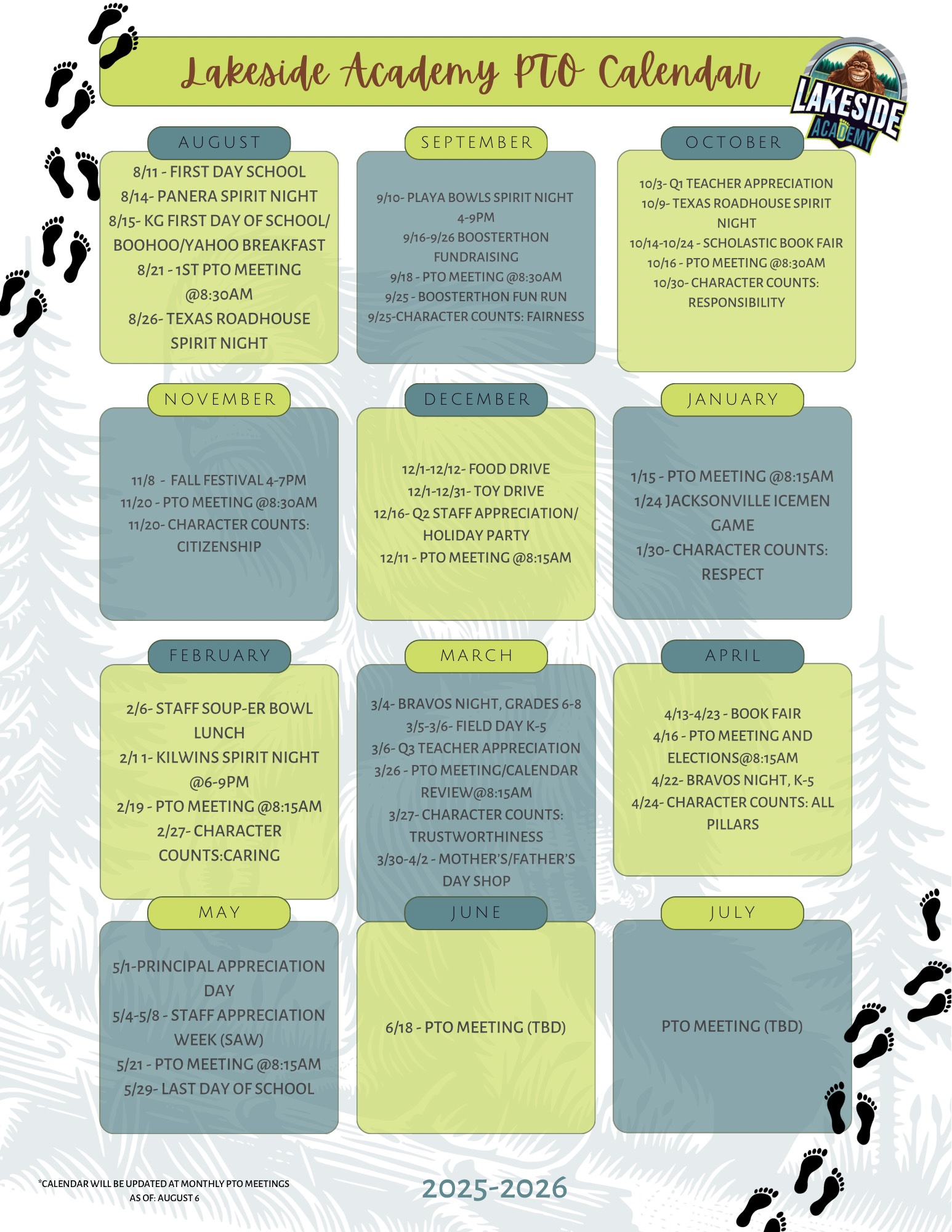 Lakeside Academy PTO Calendar 2025 - 2026